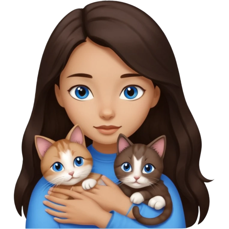 a pretty girl with long dark 
brown hair, with blue eyes, hugs 3 different natural coloured small cats emoji