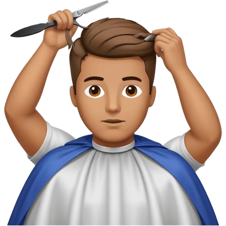 a man with a large face, wearing a barber cape, having his hair cut with scissors above his head emoji
