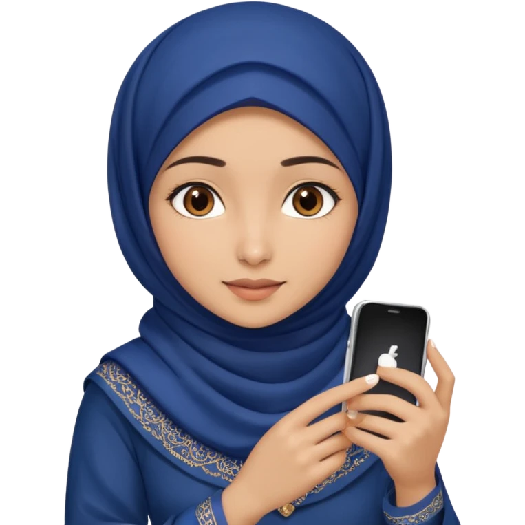 Turkish beautiful finish Konya girl brown eyes with indigo hijab islamic dress and had on her hand phone and makes photo emoji