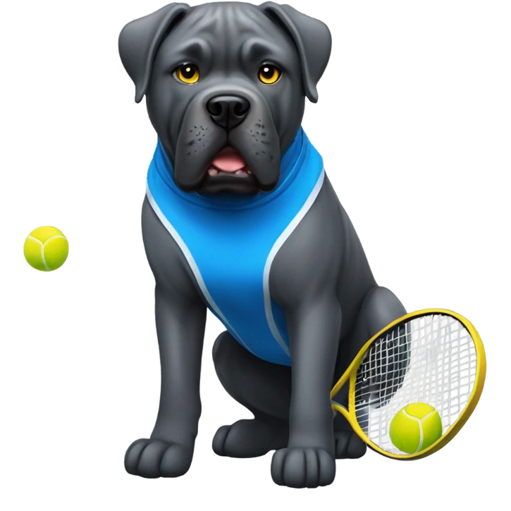 Blue and gold Cane Corso playing tennis. emoji