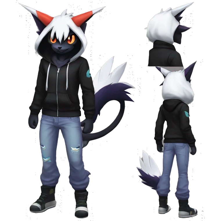 Cool Anthro Black Absol-Noivern-Quilava-Litten-Pokémon with edgy stripes hoodie spiked collar punk Full Body emoji