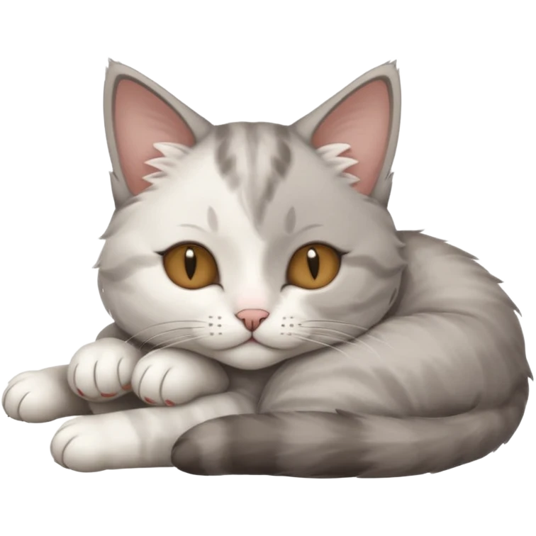 grey and white small cat with its eyes closed lying down with his head leaning on his paw emoji