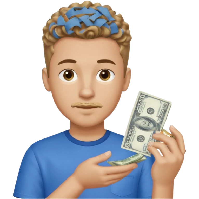 Boy dark blond curls with taperfade , clean goate is making a moneyspread with left hand emoji