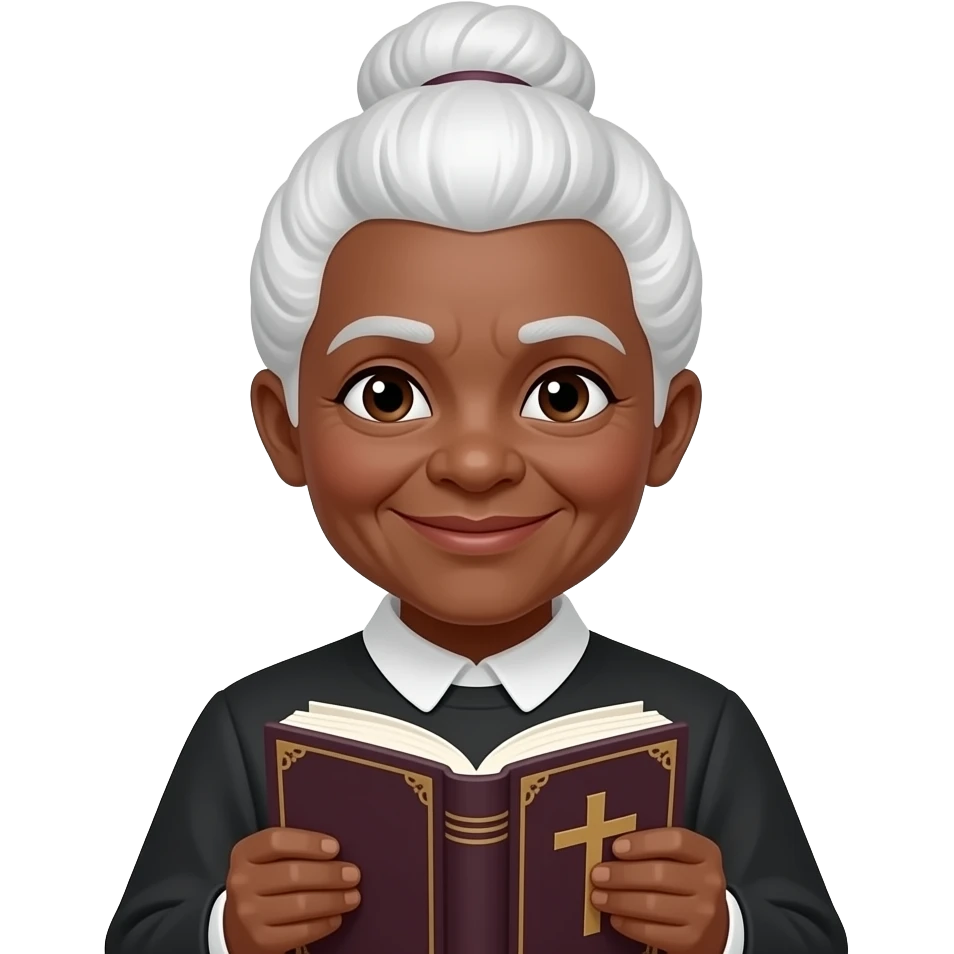 wise-old-woman-with-white-hair-in-a-bun-black-skin-smile-with-book-that-has-a-cross-on-it emoji