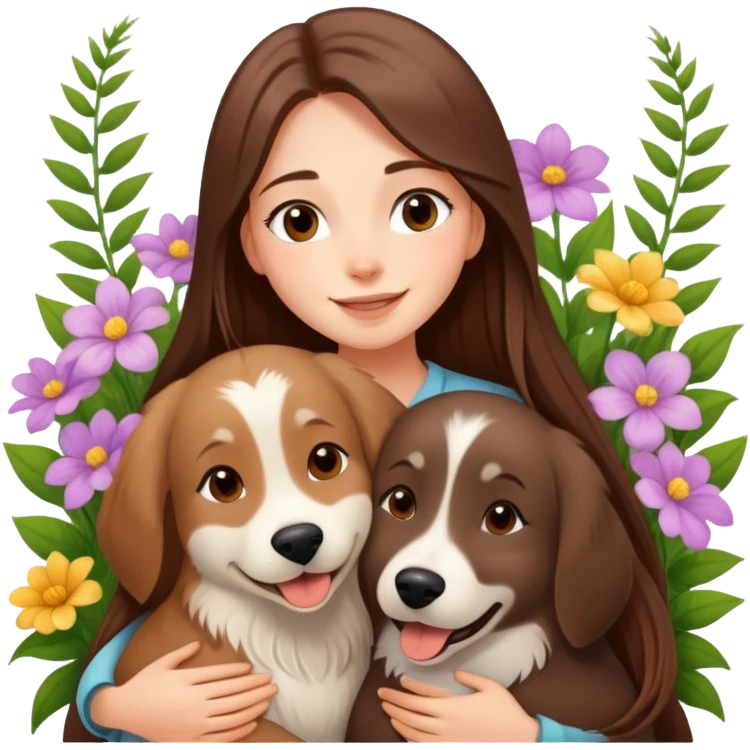 A beautiful girl with long straight hair happily hugs an Alaskan dog in the flowers emoji