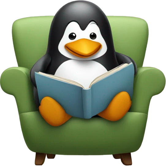 A penguin reading a book sitting on a cozy chair emoji