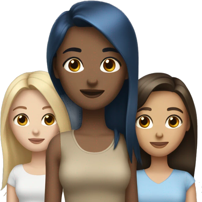Three female friends: black hair brown eyes, blonde hair blue eyes, brown hair brown eyes emoji