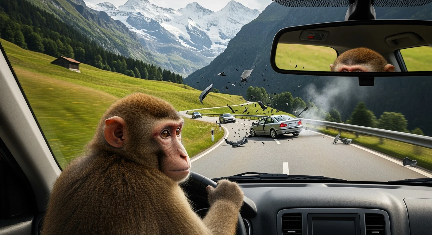 Realistic camshot pov of monkey drive a car (hands holding car wheel) switzerland road with car crash emoji