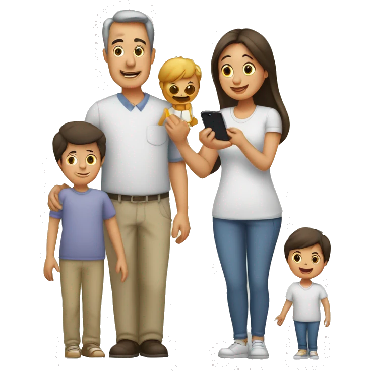 Papá con un iPhone en la mano, con su familia abrazándolo  emoji