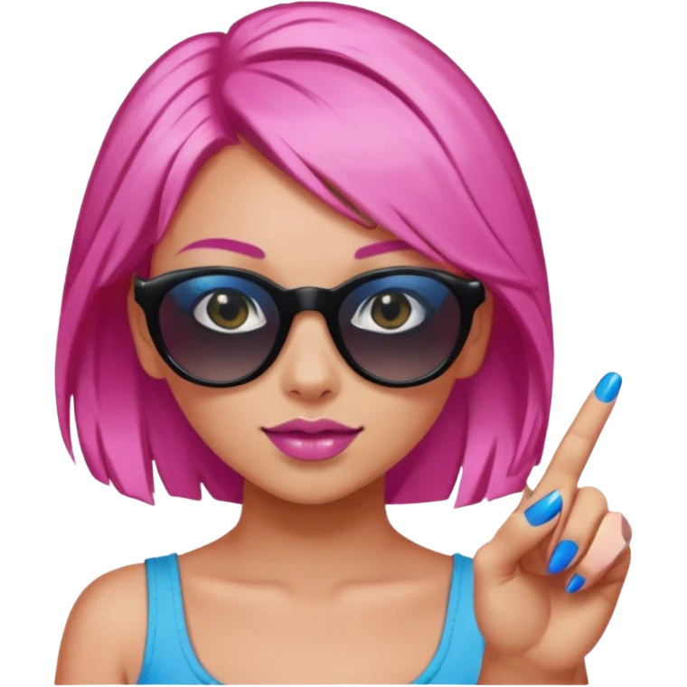 a girl with pink hair and blue nails and black sunglasses with finger and thumb tapping together  emoji