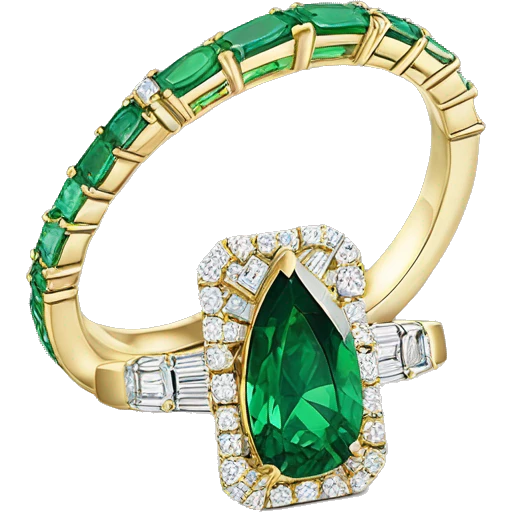 Gold ring with emerald cut diamond in middle and green gem pear cut side stones emoji
