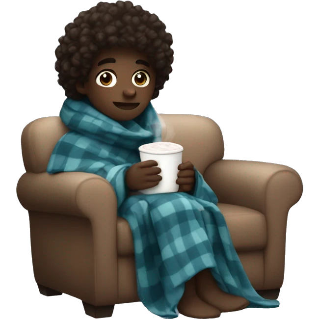 Make a boy that’s dark skin with curly hair in a blanket drinking hot cocoa  emoji