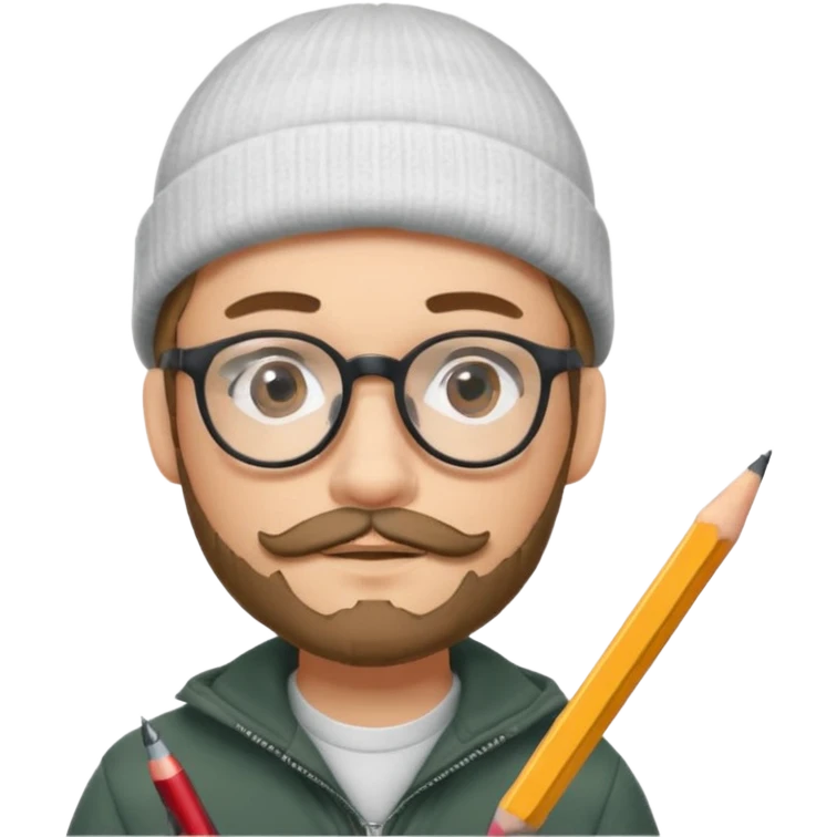 A creative young man with a pencil, glasses and a beanie. He holds a pen in his hand. He has a slight moustache and bit of a beard emoji