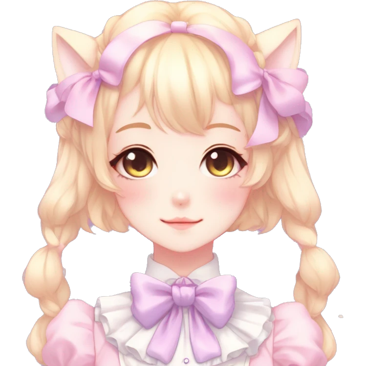 Gorgeous anime style catlady with blushing face with maid outfit bow tie idol model cottagecore fairycore pastelcore shiny colorful pearly petite simplistic aesthetic trending style emoji