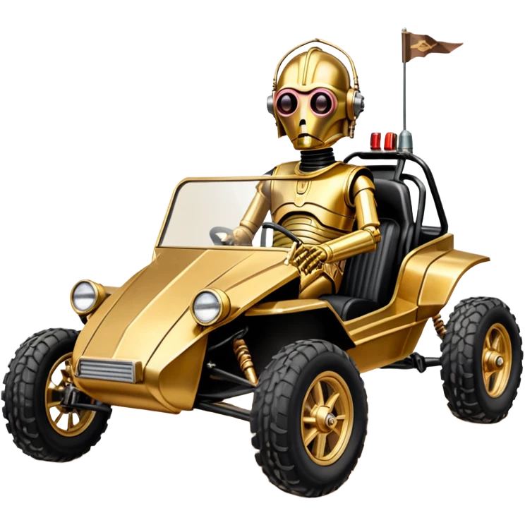 Old American West tarnished neon underglow C-3PO bounty hunter 1964 delicately ornate rosegold accents painted dune buggy buckboard powered by electric motors and batteries with safety and belts flying rapidly roughening terrain stable on strong agile advanced suspension and steering emoji