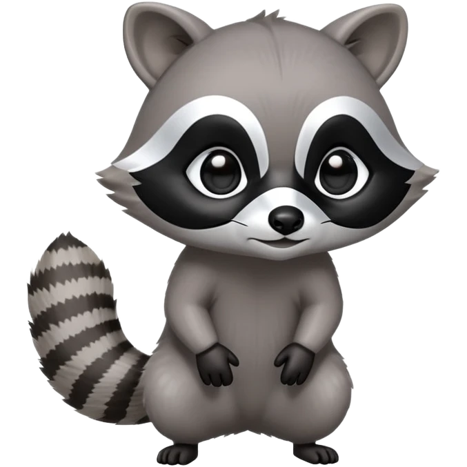 Cinematic-cute Raccoon-Realistic-hunched Full-Body on all fours-Emoji – Tail flicking lazily, head tilted dramatically, thick grey fur with a signature black mask, sharp and alert ears, simplified yet realistic focused features, highly detailed, glowing with an almost sarcastic glow. big black eyes emoji