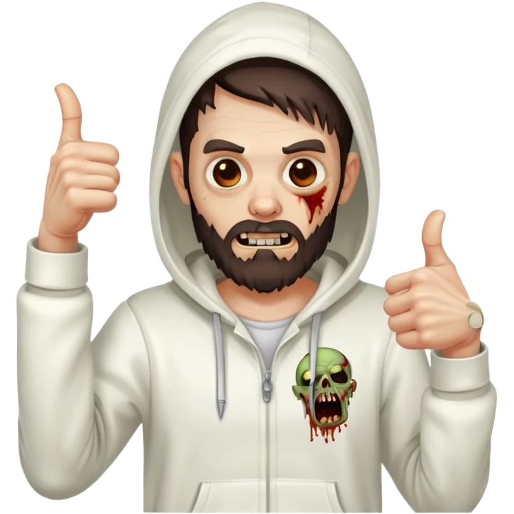 zombie with thumbs up gesture wearing white hoodie, with dark brown hair and short full beard emoji