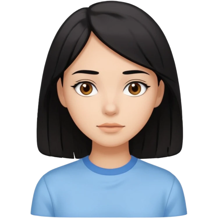 Emoji of a girl with black-brown long bob hair, fair tan skin, brown eyes, soft black eyebrows, pastel blue shirt, clean girl aesthetic, white background  emoji