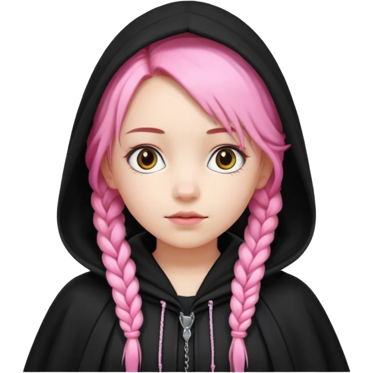 pink braids hair kid girl, white skin, wear black cloak emoji