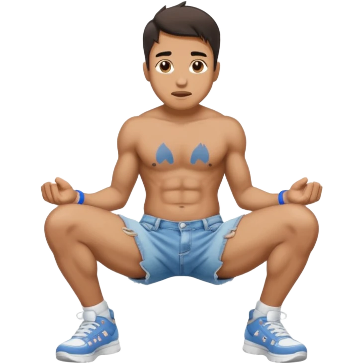 A squatting man legs spread apart, a penis going through his broken shorts emoji