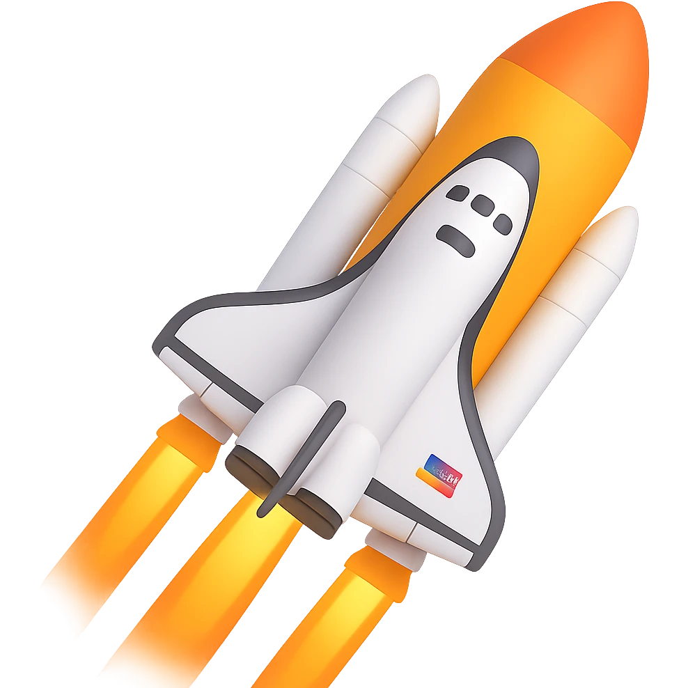 Make the space shuttle look like it is flying, with motion lines or a sense of movement, in the style of emoji. No background, transparent. emoji