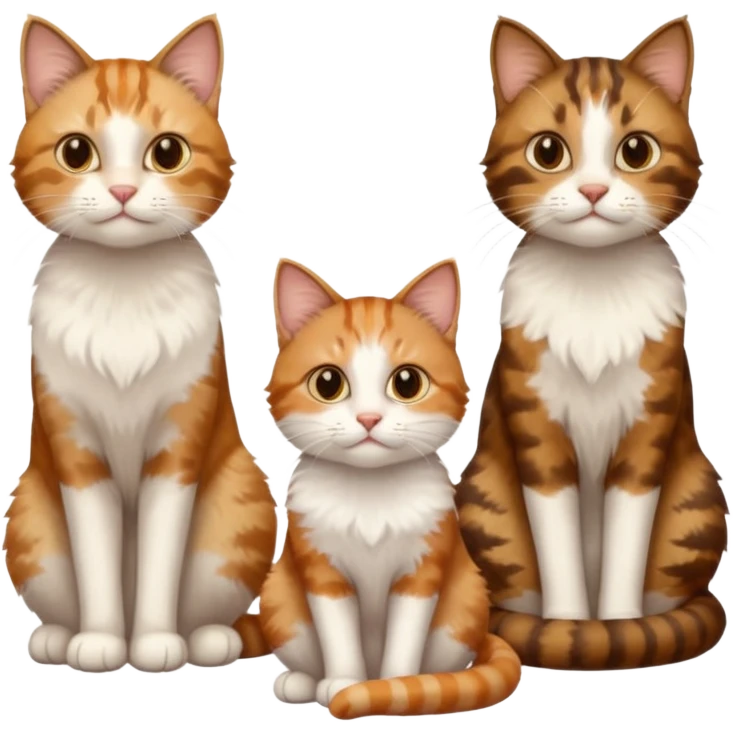 3 cats different colours including brown tabby and white, light patchy calico, and ginger and white emoji