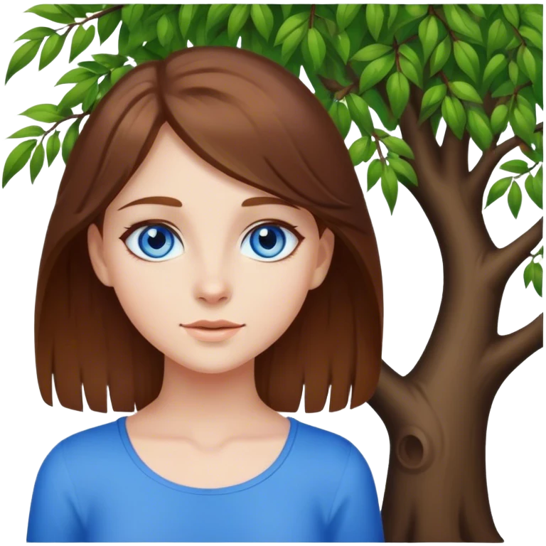 girl with brown hair and blue eyes by tree emoji