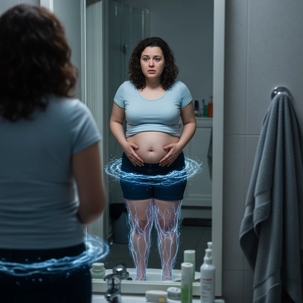 A woman in her 30s standing in front of a mirror, looking concerned. Her face is slightly puffy, and her abdomen and ankles show visible swelling. Transparent bluish water-like textures subtly wrap around her legs and midsection, symbolizing fluid retention.  emoji