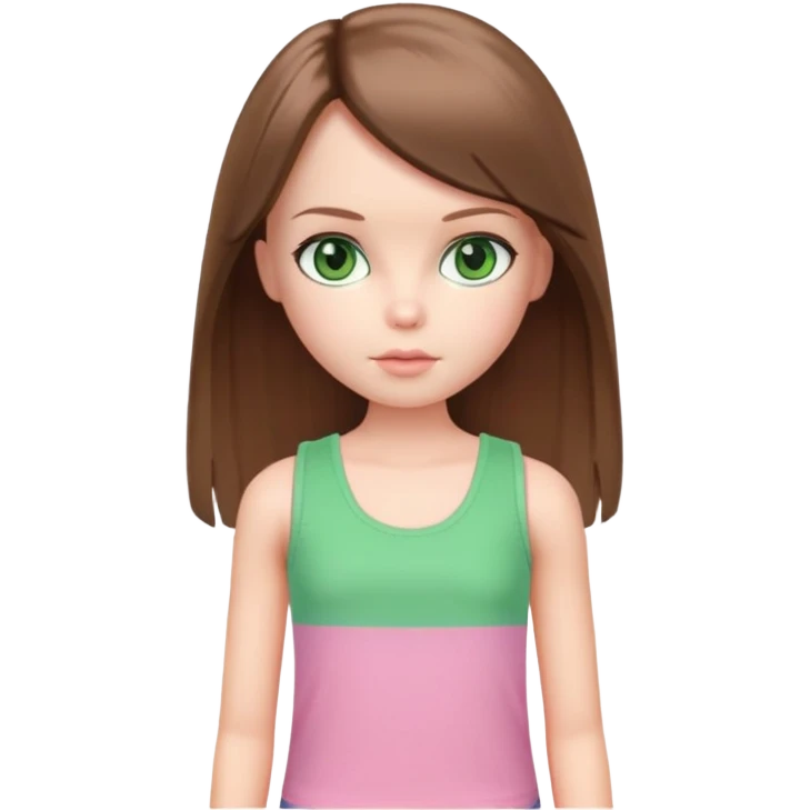 Blythe doll with brown straight hair and green eyes with pink tank top on emoji