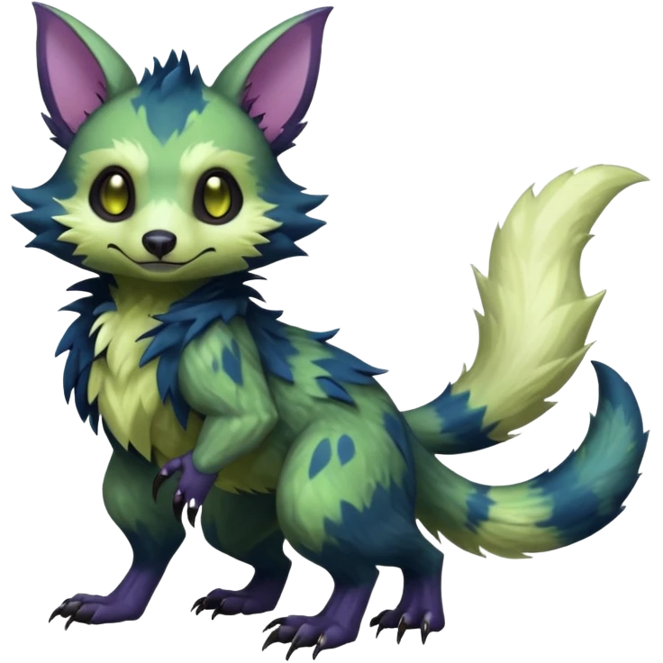 Realistic Sharp swampy mossy elemental detailed Colorful translucent luminescent glowing Trico-Noibat-batty-Sergal-Furret-Ferret-Wolverine-Vernid-furry-fursona-fusion-Fakemon-animal-hybrid-creature, full body emoji