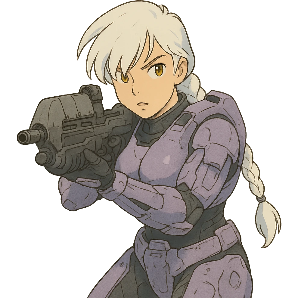 female, wearing reach spartan armor shoulder-unequip, long white braid hair with massive messy front side single bangs, gold yellow eyes, attention pose, HALO:series, no helmet, the armor is lavender color scheme, shoulder pad off. DDD bust size fitting. ,  aiming a classic HALO1 AR, tactical, lean emoji