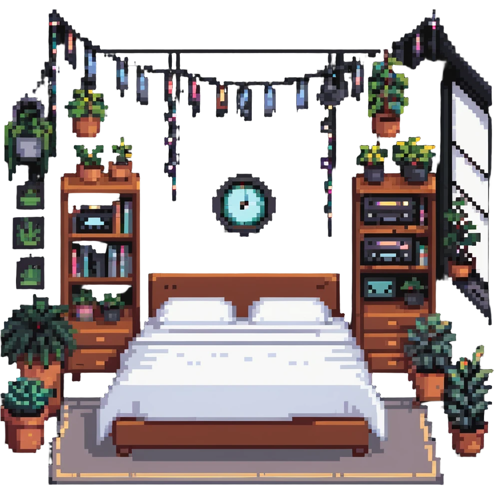 indie bedroom with fairy lights, plants and vinyl records emoji