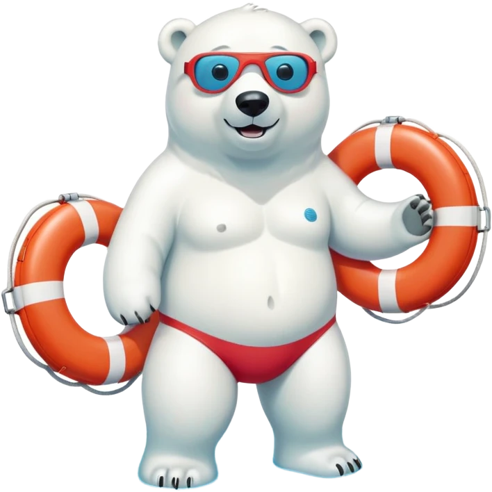 full body friendly anthropomorphised polar bear smiling, wearing colorful swim shorts and swim goggles, standing in a small pool of water, holding a red and white life buoy emoji