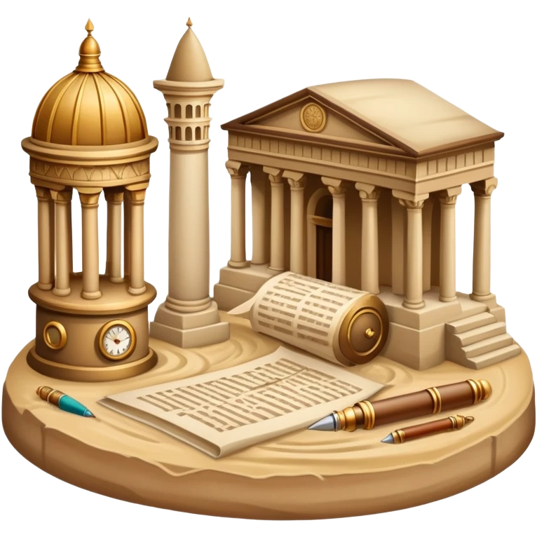 icon featuring ancient scrolls, quill pen with famous historical landmarks and monuments in the background like colliseum. Large, antique sand clocks with sand pouring out represent the passage of time. Historical figures are depicted as statues. Transparent background. emoji
