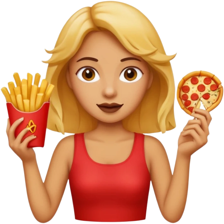 lean female holding fries on one hand and eating pizza on the other hand emoji