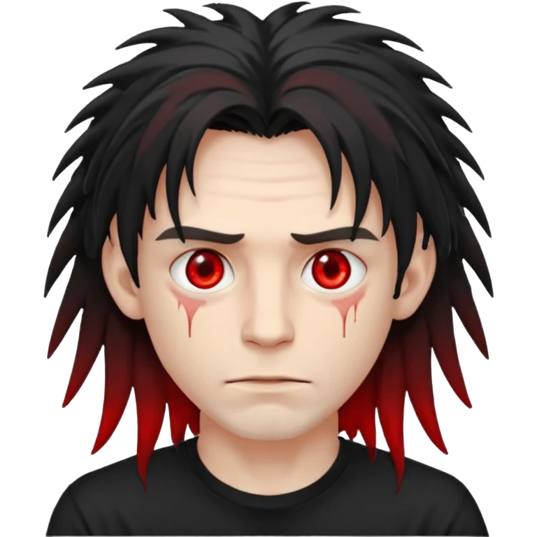 Парень с бледной кожей и красными глазами,  чёрные длинные растрёпанные волосы до ушей, в черной футболке  emoji
