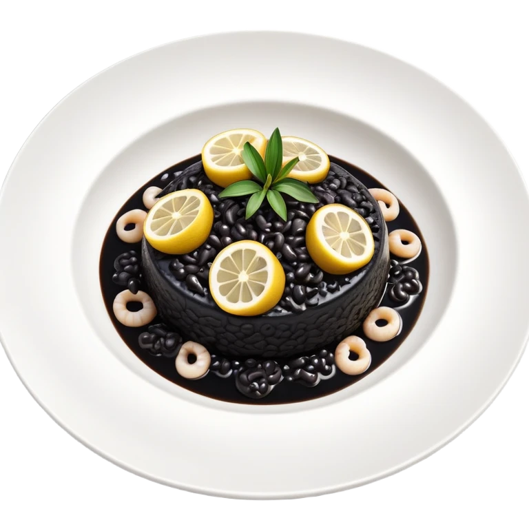 cinematic-realistic-black-risotto-dish-emoji,-showcasing-small squid pieces in black sauce -rendered-with-bold-textures-and-dynamic,-dramatic-lighting in a white plate with a grilled lemon on top emoji