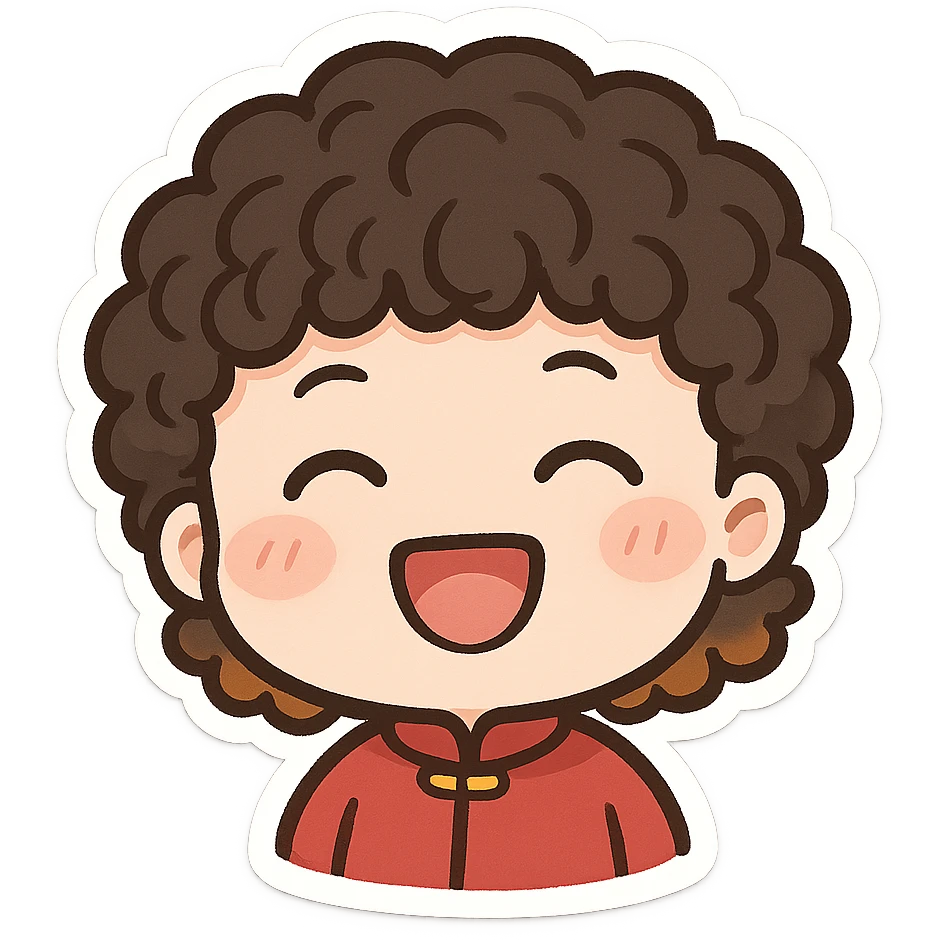 round-faced Chinese character, permed hair with orange-brown tips, cheerful look emoji