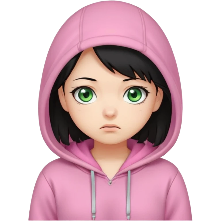 Cute chibi-style emote with exaggerated facial expressions, rounded proportions, and soft colors inspired by kawaii aesthetics.  Perplexed or uncertain look, raised eyebrow or tilted head, slightly funny and relatable. female with black hair and greeneyes wearing a pink hoodie emoji