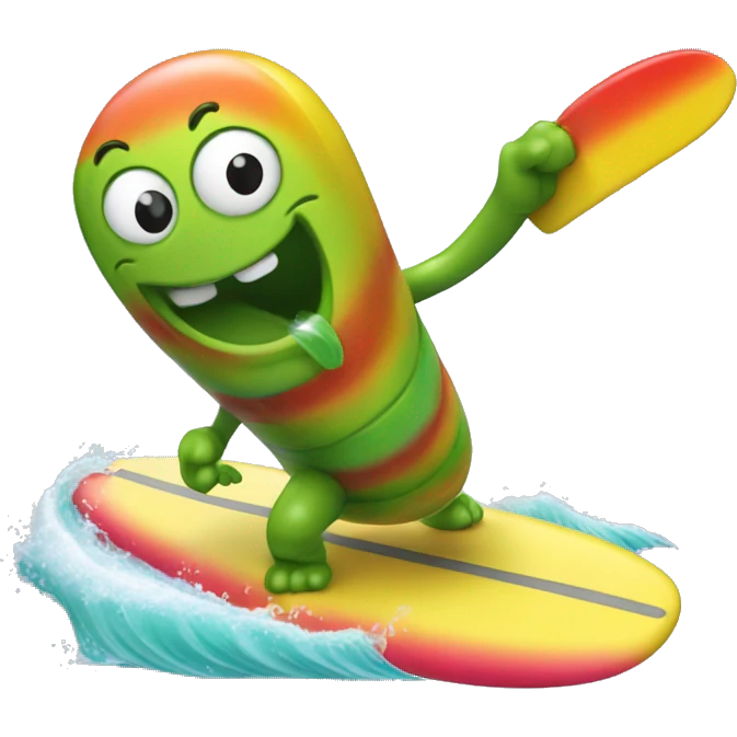 Gummy worm riding surf board emoji