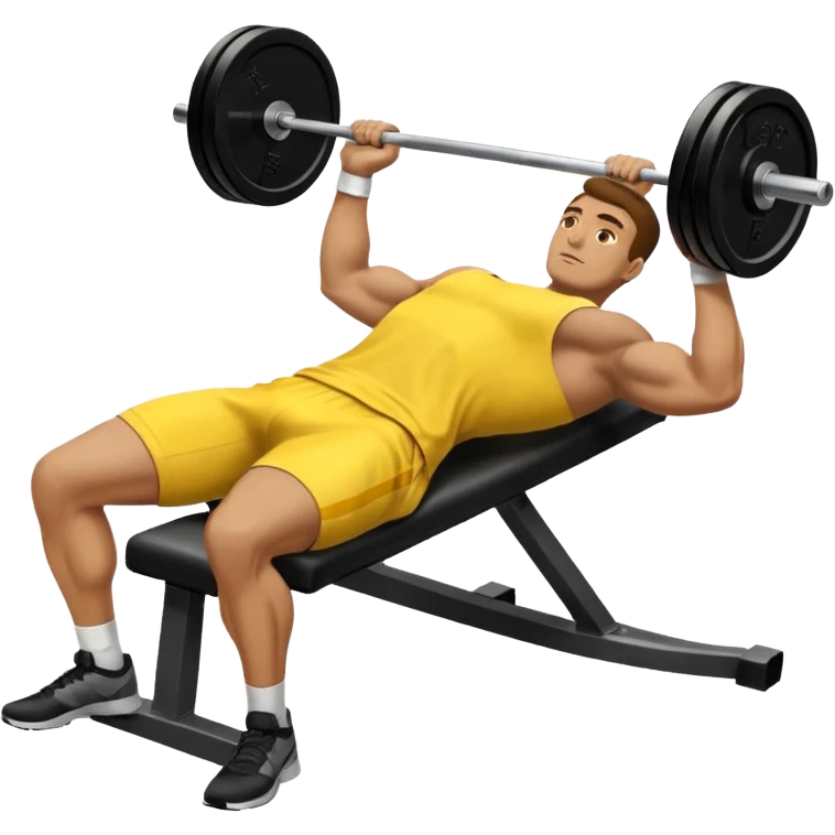 man performing a laying down bench press with cloths on, side angle, in yellow apply emoji format emoji