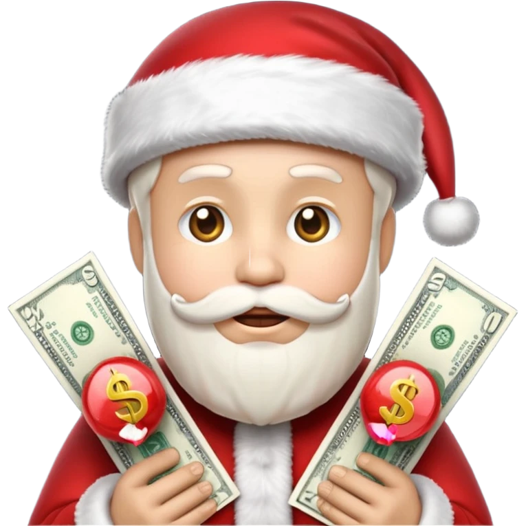 A confident rich emoji face wearing a Santa hat, money stacks, casino vibe, New Year theme, premium 3D emoji style, sharp details, no text, isolated on transparent background emoji