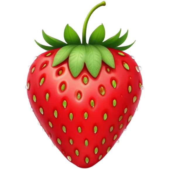 Cinematic Realistic Strawberry Emoji, Plump and juicy, with a deep red color and small, fresh seeds dotted across the skin. Its glossy, sweet surface catches the light, while bright green leaves top off the perfect, delicious berry. Soft glowing outline, capturing the essence of sweetness and freshness in a bright strawberry! emoji