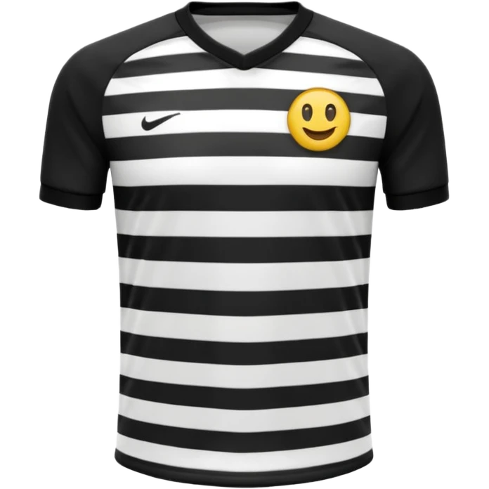 Soccer jersey emoji, cartoon emoji style, front view, black football shirt with a bold vertical white stripe in the center, clean and minimal design, no logo, no sponsor, short sleeves, black round collar, emoji