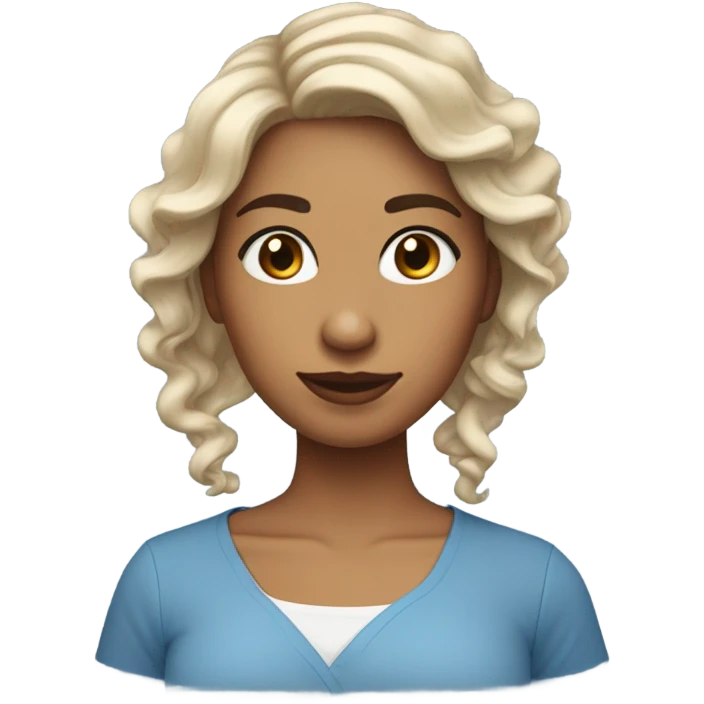 una chica de cabello rizado, de tes clara y ojos de color café, con una camisa azul emoji