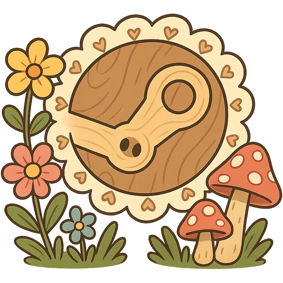 whimsical cartoon cottagecore Steam logo: iconic shape formed from bubbly wood, oversized lace, cartoon flowers and mushrooms, soft friendly look, no text emoji