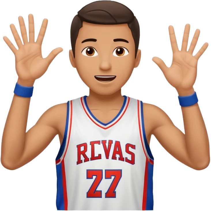 Maverick Trevillian in the crowd at an amateur basketball game. He leans towards the camera and enthusiastically shouts "six seven while performing a distinctive hand gesture: both hands open, palms facing upward, moving up and down as if weighing two options. emoji