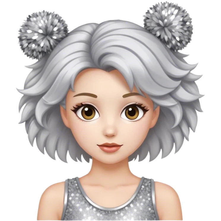 Cheerleader with hair down and Pom Pom’s wearing all silver and glitter emoji