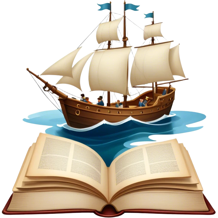 Icon for Reading Fiction: a large open book with pages turning, Musketeers on horseback, Sherlock Holmes and other literary elements, a sailboat sailing across the pages. The icon should evoke the adventurous spirit of storytelling. Transparent background. emoji