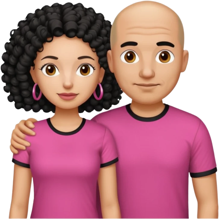 A picture if a couple, the man is a bald Mexican man with a black tee shirt on and the woman is mixed with black and white, with curly hair and a pink shirt on emoji